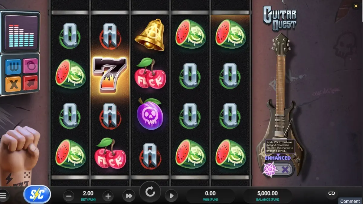 Tampilan visual slot Guitar Quest dengan tema garasi rock yang intens