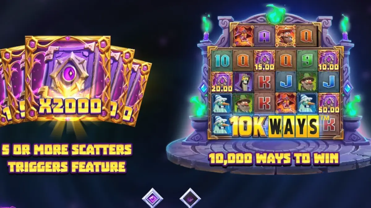 Wizbang Brawl 10K Ways slot game screen featuring magical wizards and neon colors