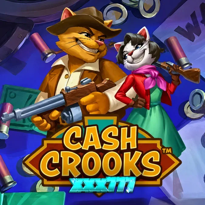 Tampilan layar permainan slot Cash Crooks dengan tema perampokan kucing